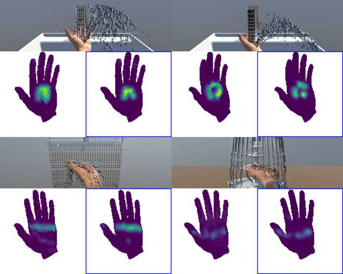 Figure 4. Our haptic rendering results with different interaction scenarios. For each figure, two images of pressure field are shown where the left one is the target pressure field and the right one (blue-boxed) is the final rendered pressure field computed by our proposed algorithm.
