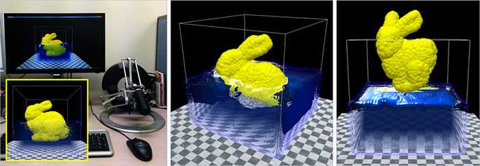 Figure 3. Device setup for the simulation (left) and snapshots with the screen space fluid rendering (middle and right). The user can interact with the fluid and receive the force feedback through a haptic device.