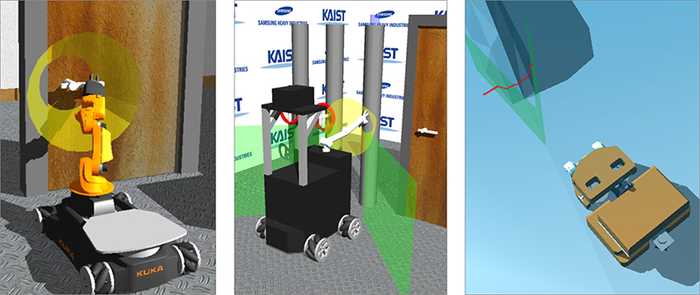 Figure 4. Snapshots of the simulation environments for the industrial robots (left and middle) and the underwater robots (right)